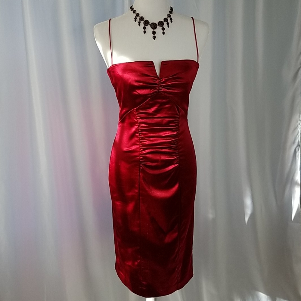 Nicole Miller Red Stretch Satin Ruched Dress Sz 6